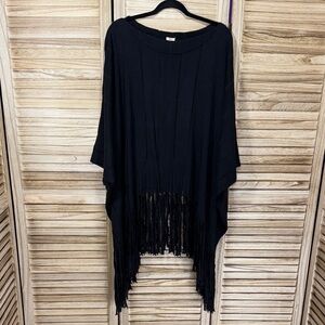 Reba Black Fringe Poncho One Size